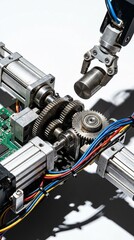 Fototapeta premium Close view of robotic gripper above exposed gears and circuit board, sharp industrial lighting and clean lab setting, conveys precision engineering and automation