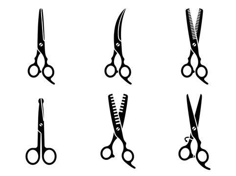 Six professional hair cutting scissor icons displayed in various sharp angles and detailed styles for beauty salons or barber shop design projects presented as a collection of isolated on transparent 
