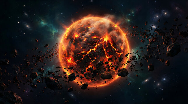 Exploding planet in outer space surrounded by debris and nebulae.