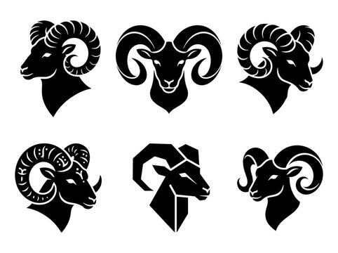 Six distinct black and white ram head icons featuring various artistic styles including bold silhouettes and geometric shapes for branding purposes displayed as a collection of professional vector gra