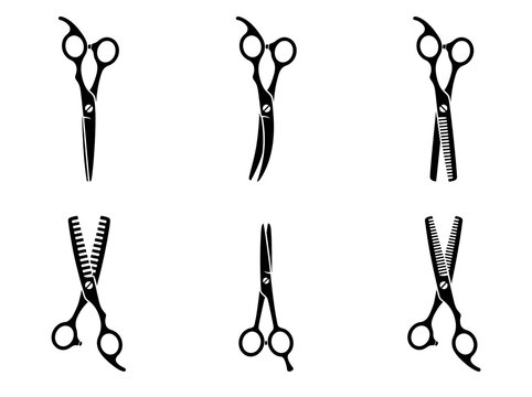 Six professional hair cutting scissor icons displayed in various sharp angles and detailed styles for beauty salons or barber shop design projects presented as a collection of isolated on transparent 