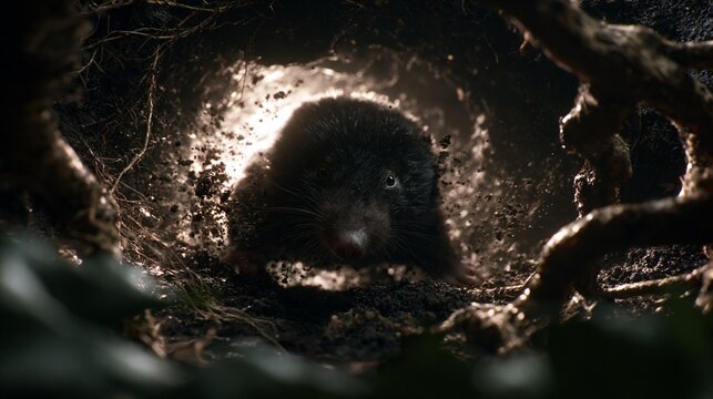 Close-up of Mole in Underground Burrow Surrounded by Roots and Soil