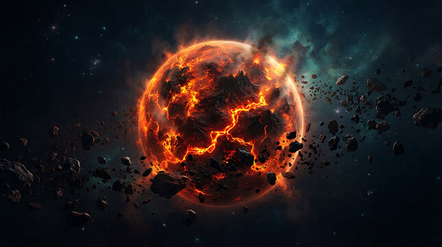 Exploding planet in outer space surrounded by debris and nebulae.