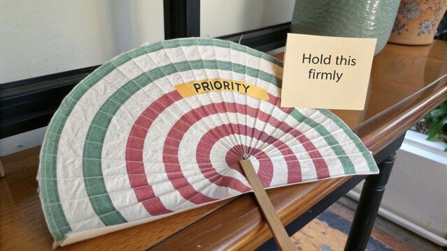 Vintage hand fan displaying colorful concentric circles and a sign stating 'Hold this firmly' emphasizing unique design aesthetic