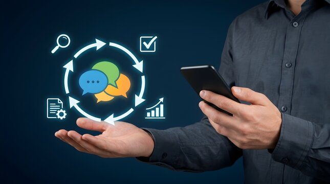 Feedback loop strategy for business process improvement showing a man using digital communication to optimize workflow and decision making with PDCA and OODA cycles for continuous growth .