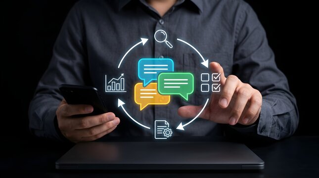 Feedback loop strategy for business process improvement showing a man using digital communication to optimize workflow and decision making with PDCA and OODA cycles for continuous growth .