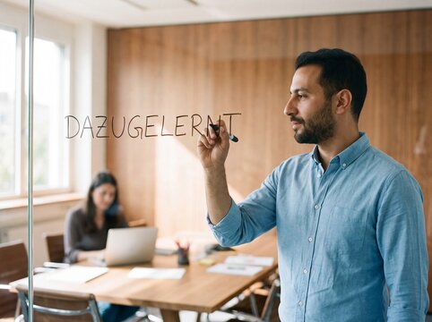 Ein Mann mittleren Alters schreibt konzentriert das Wort Dazugelernt auf eine Glaswand im modernen B&uuml;ro