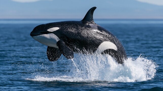 Orca whale breaching the ocean surface with mountainous background