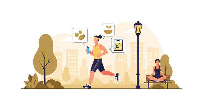 Woman running in park with healthy food icons above her head.