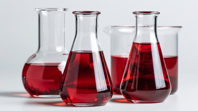 Laboratory glassware with red liquid under bright lighting on white background