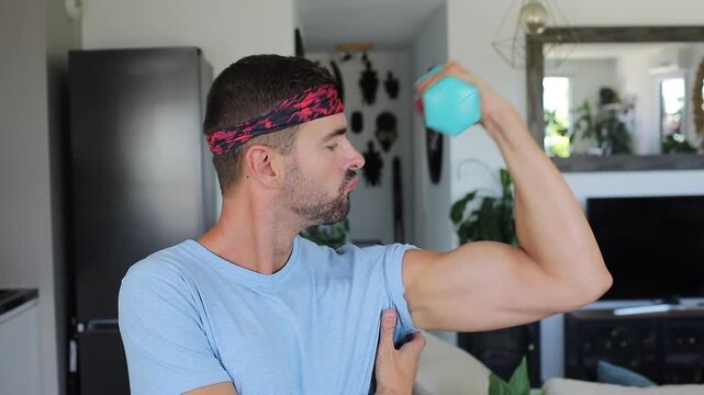 Skinny Man Flexing Biceps With Small Plastic Weight