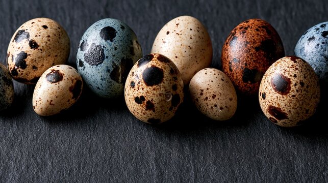 Close-up of assorted quail eggs with spotted patterns on dark surface