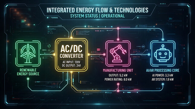 Integrated energy flow and manufacturing unit status display with technical interface.