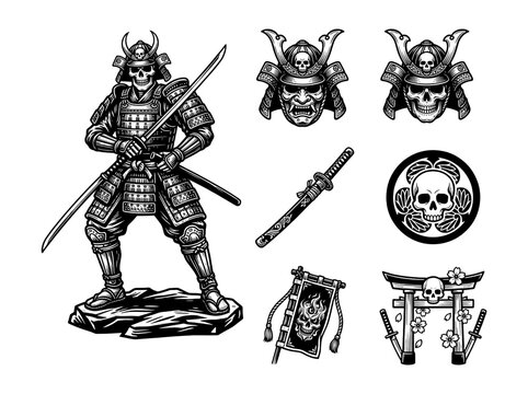 Detailed black and white vector illustration set featuring a fearsome skeletal samurai warrior wearing traditional armor alongside various iconic japanese symbols and lethal katana swords presented on