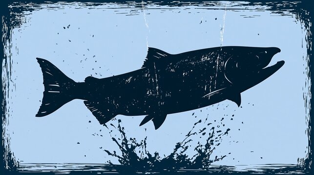 Silhouette of a Swimming Fish Against Grungy Blue Background with Splash Art