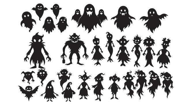 Halloween ghost silhouette collection, spooky monster character set, black phantom and spirit vector icons for holiday party decor and stickers