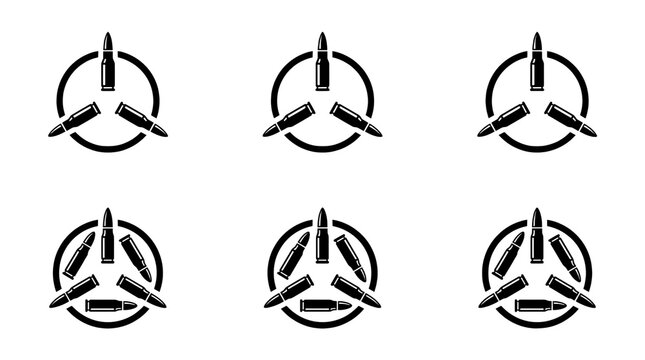 Black and white vector set of circular bullet icons featuring arranged ammunition patterns for military logos or tactical branding designs isolated on a clean white space placed on transparent backgro