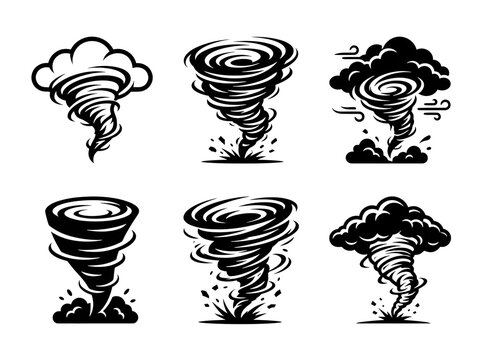 Six distinct black and white vector icons featuring swirling tornado shapes and powerful storm clouds designed with clean minimalist lines for professional graphic design projects displayed on a plain