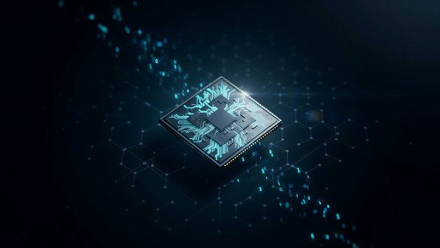 High-Tech Computer Microchip Processor Component with Glowing Blue Circuit Lines and Data Streams, Advanced Semiconductor Hardware Technology, Digital Information Processing