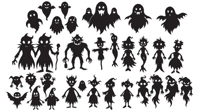 Halloween ghost silhouettes collection, spooky monster character set in black vector format, creepy spirit and phantom icons for holiday party decor