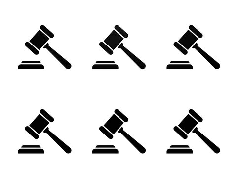 Professional collection of black and white judge gavel icons featuring diverse angles and dynamic striking positions designed with bold clean lines and high contrast visual elements on transparent bac