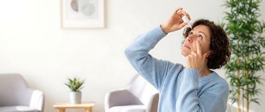 Woman applying eye drops for dry irritated eyes, looking up at bottle dropper in softly lit bright room with chairs and plant decoration.