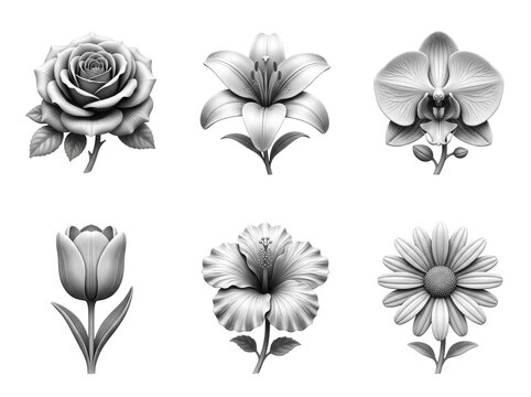 Detailed collection of six beautiful monochrome botanical illustrations featuring a rose lily orchid tulip hibiscus and daisy rendered with elegant shading and artistic precision isolated as individua