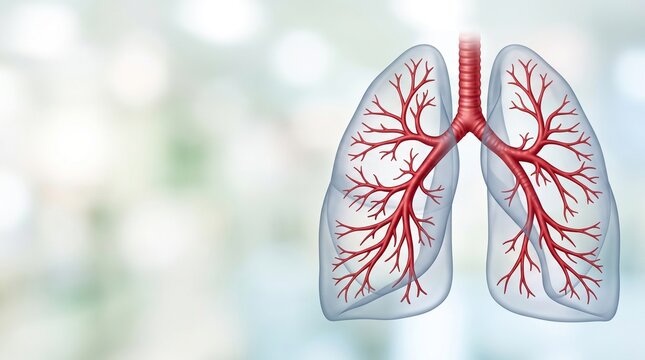 Illustration of human lungs and bronchial tree anatomy rendered against a soft blurred background, respiratory health illustration, medical pulmonary