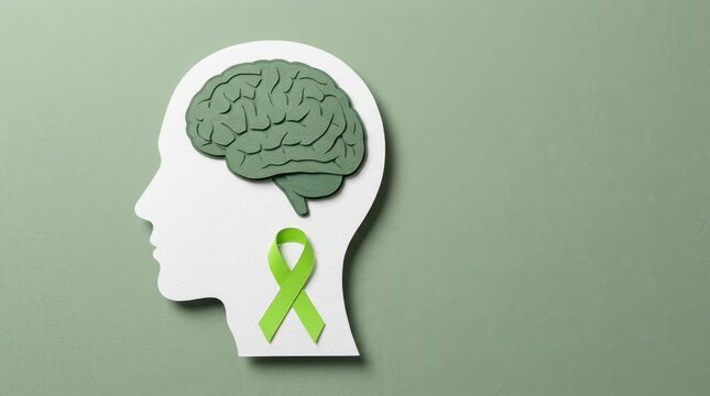 World Mental Health Day Paper craft silhouette of human head with brain shape and green awareness ribbon for World Mental Health Day on green background