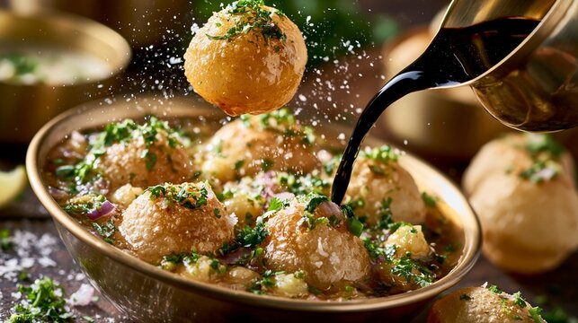 Traditional Indian pani puri street food served with tangy tamarind water