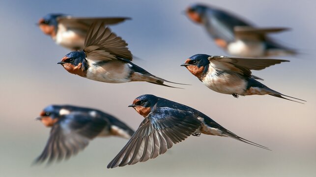 Close-up of barn swallows in flight with blurred natural background