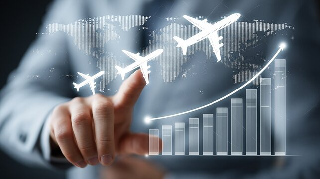 Businessman Hand Interacting with Digital Airplane and Growth Chart on Dark Background