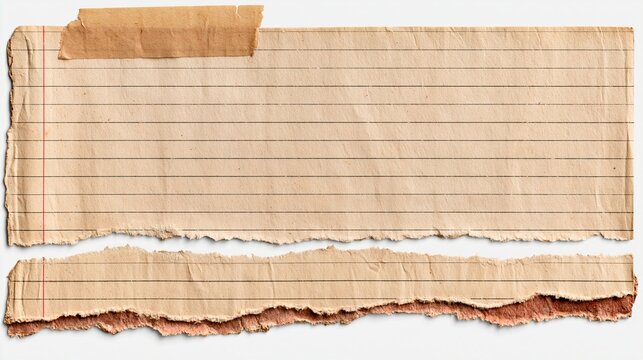 Torn and worn vintage lined paper pieces on white background