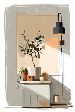 Minimalist interior with green plant and modern pendant lighting in natural daylight