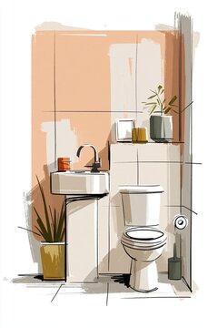 Modern minimalist bathroom interior with clean white fixtures and indoor plants