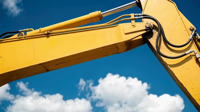 Close-up of a yellow excavator arm and hydraulic cylinders against a blue sky. Heavy construction machinery in motion