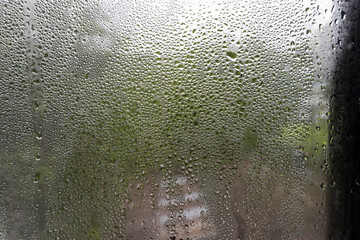 Obraz premium Dew drops on glass window with blurred green foliage outside creating moody atmosphere, closeup texture and condensation pattern