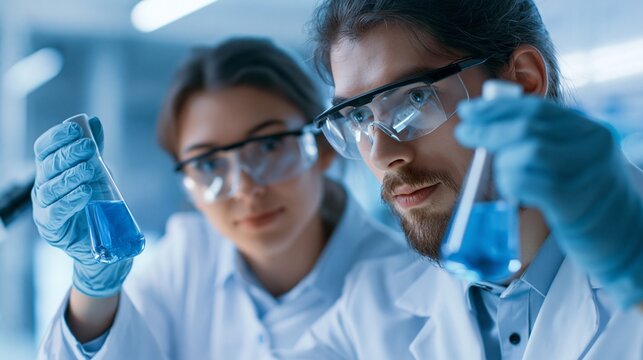 Two Scientists Conducting Laboratory Experiment with Blue Liquid in Test Tubes