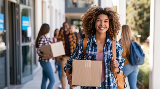 Happy young woman carrying cardboard box on busy urban street with friends in background