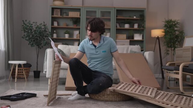 Focused young man assembling new furniture