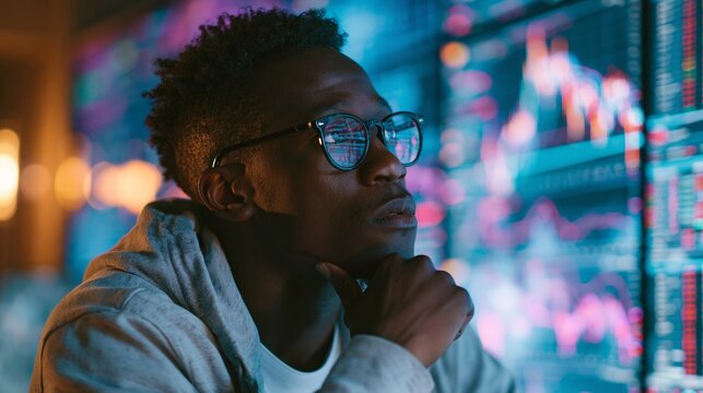Focused young man analyzing colorful data visualization screens in modern office
