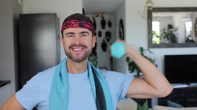 Skinny Man Flexing Biceps With Small Plastic Weight