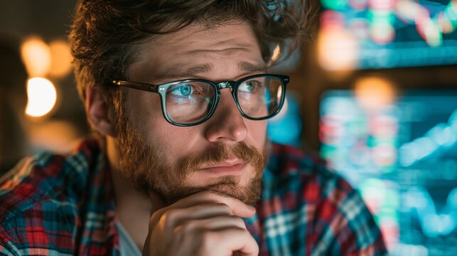 Thoughtful man wearing glasses analyzing data on digital screens at night