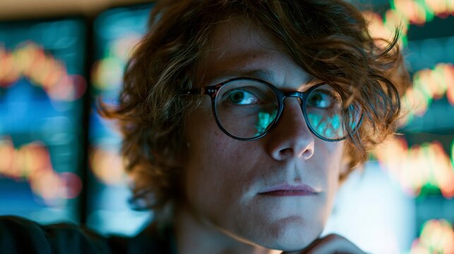 Focused young woman with glasses analyzing financial data on multiple screens