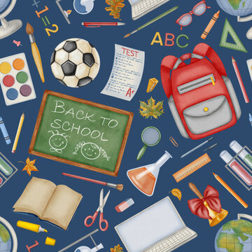 Watercolor seamless pattern with school backpack, chalkboard, laptop, globe and stationery. Hand drawn back to school background with diverse learning elements, lab equipment and soccer ball.