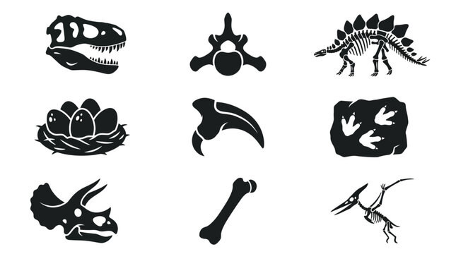 Set of nine vector silhouette collections of eggs, dinosaur skeleton fossils