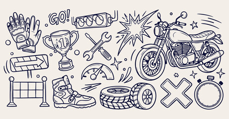 Motorcycle mechanic workshop doodle background, biker lifestyle line art pattern, garage repair sketch illustration, custom chopper seamless texture, motorbike racing icon set, speed race elements wal © Geetaroy