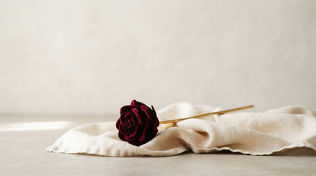 Single dried rose on soft beige linen fabric