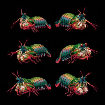 Four pixel sprites of peacock mantis shrimp are displayed in various poses set against a black background.