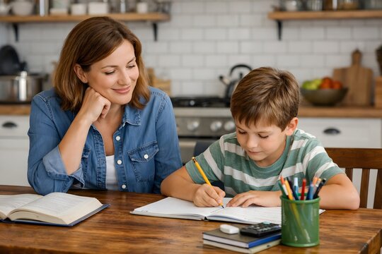 Mother helping her son with homework at the kitchen table